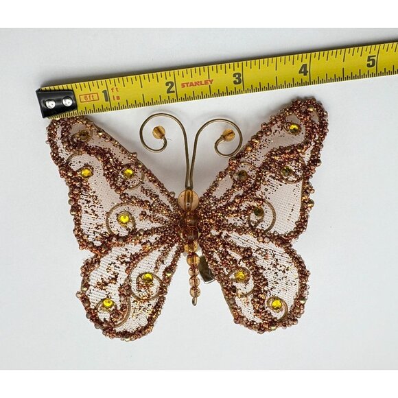 Vintage Beaded Butterfly Christmas Tree Ornaments Clip On Set Of 2 Purple Orange - Picture 3 of 7